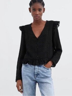Zara Black V-Neck Ruffle-Trim Long Sleeve Blouse